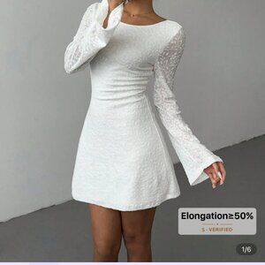 Women's White Fitted Short Mini Dress Backless Long Sleeve Floral